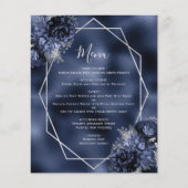 Budget Marine Blauw Bloemen Zilver Wedding Menu (Voorkant)