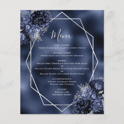 Budget Marine Blauw Bloemen Zilver Wedding Menu (Voorkant)