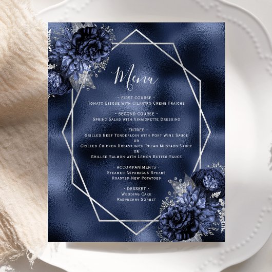 Budget Marine Blauw Bloemen Zilver Wedding Menu
