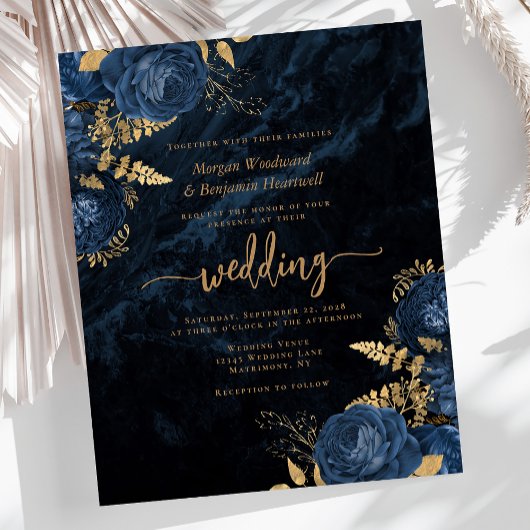 Budget Marine Blauw Goud Bloemen Huwelijksuitnodig