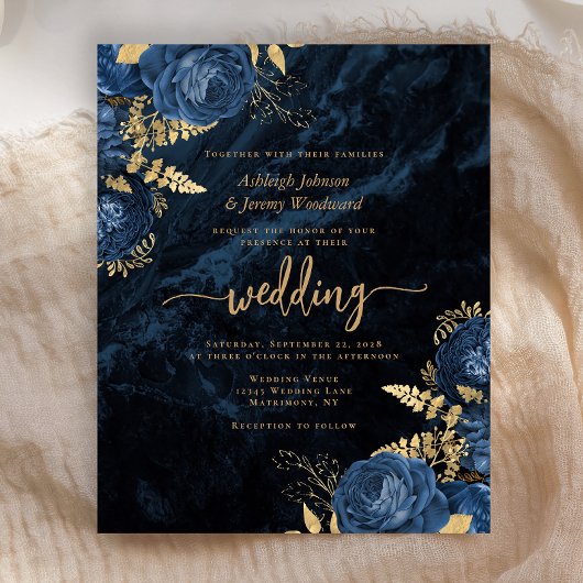 Budget Marine Blauw Goud Bloemen Huwelijksuitnodig