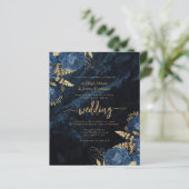 Budget Marine Blauw Goud Bloemen Huwelijksuitnodig (Staand voorkant)