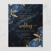 Budget Marine Blauw Goud Bloemen Huwelijksuitnodig (Voorkant)