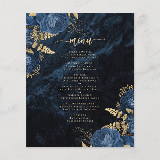 Budget Marine Blauw Goud Bloemen Trouwmenu (Voorkant)