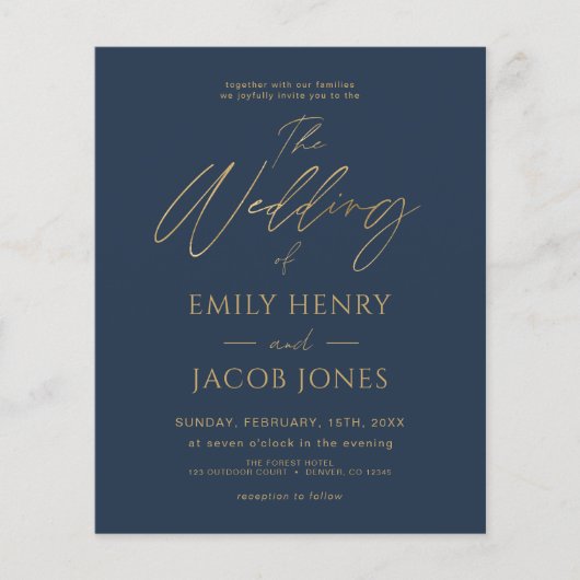 Budget Marine Blauw Goud Bruiloft Moderne Uitnodig (Voorkant)
