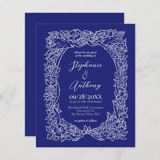 Budget Marine Blauw Wit Bloemen Bruiloft Uitnodigi (Voorkant / Achterkant)