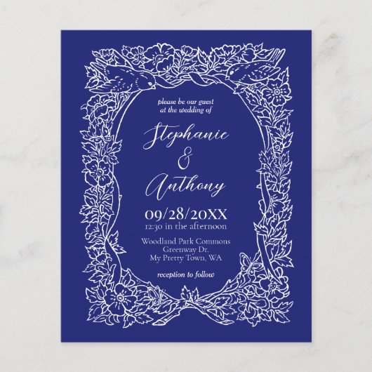 Budget Marine Blauw Wit Bloemen Bruiloft Uitnodigi (Voorkant)