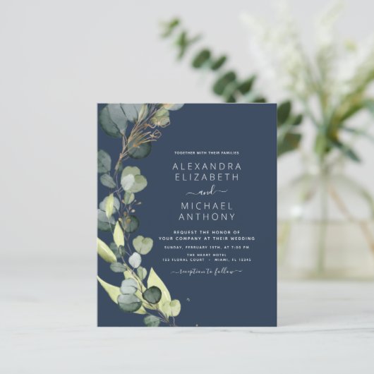 Budget Marine Blauwe Eucalyptus Huwelijksuitnodigi (Staand voorkant)