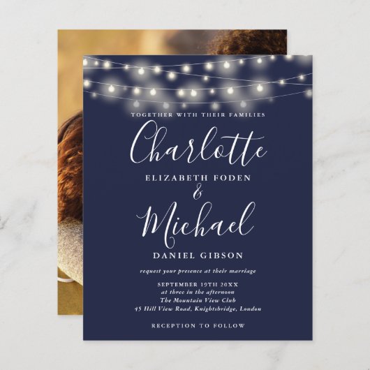 Budget Marine Blauwe Lichten Foto Bruiloft Uitnodi (Voorkant / Achterkant)