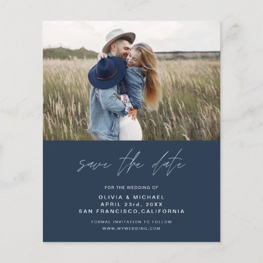 Budget Marine Blauwe Typografie Save the Date Foto Flyer (Achterkant)
