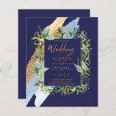 BUDGET marine Blue Gold Greenery Wedding Invites (Voorkant / Achterkant)