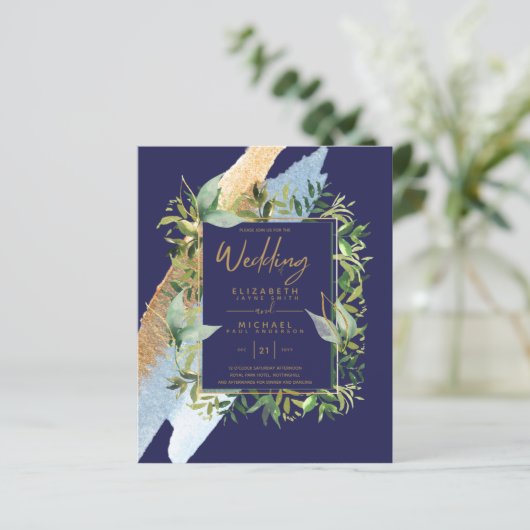 BUDGET marine Blue Gold Greenery Wedding Invites (Staand voorkant)