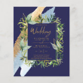 BUDGET marine Blue Gold Greenery Wedding Invites (Voorkant)