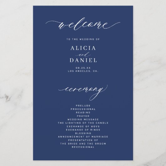 Budget marine en wit elegant huwelijksprogramma (Voorkant)