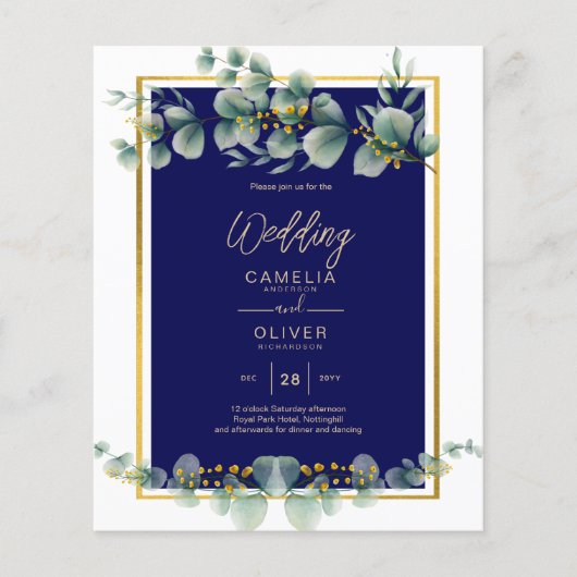 BUDGET MARINE GOUD Eucalyptus Huwelijksuitnodiging Flyer (Voorkant)