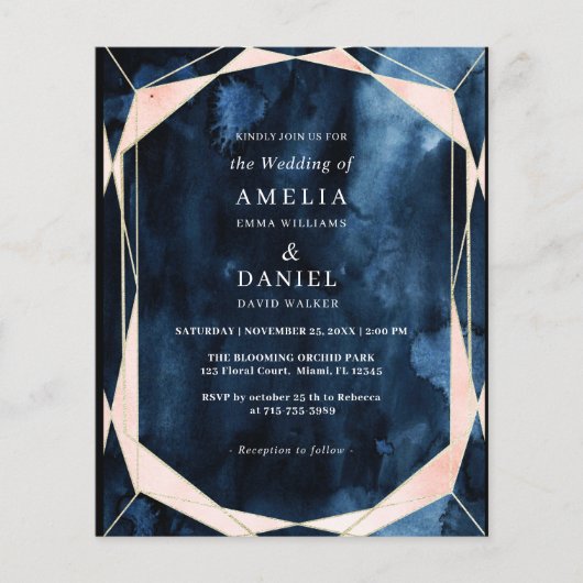 Budget Marmer Navy Blue Gold Wedding Uitnodiging (Voorkant)