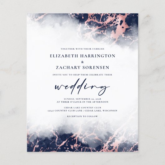 Budget marmer Navy Blue Roos Gold Wedding Invite (Voorkant)