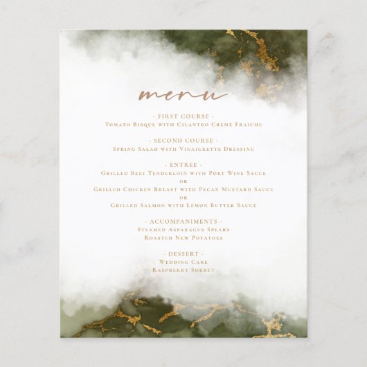 Budget Marmer Olijf Groen Goud Bruiloft Menu (Voorkant)