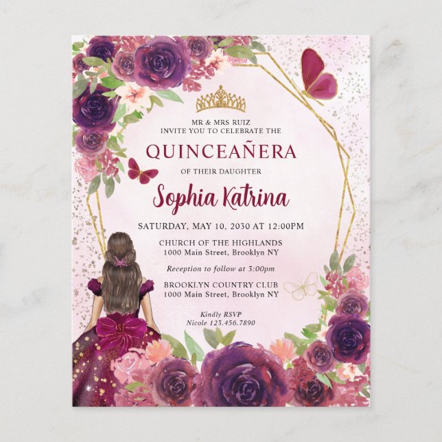 Budget Maroon Red Floral Princess Quinceañera (Voorkant)
