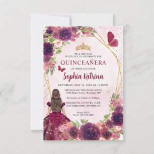 Budget Maroon Red Floral Princess Quinceañera Notitiekaartje