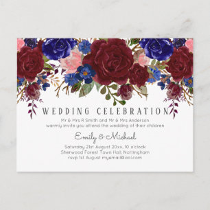 BUDGET Marsala Blue Pink Floral Weddenschap Briefkaart