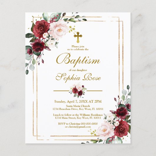 Budget Marsala & Gold Lijst Baptisme Uitnodiging (Voorkant)