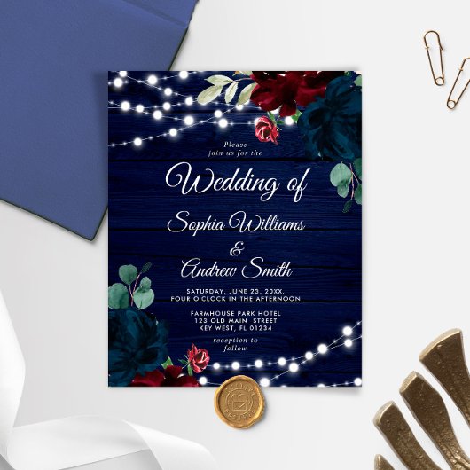 Budget Marsala & Navy Flowers Rustic Invitation