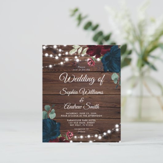 Budget Marsala & Navy Rustic Wedding Invitation (Staand voorkant)