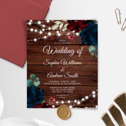 Budget Marsala & Navy Rustic Wedding Invitation