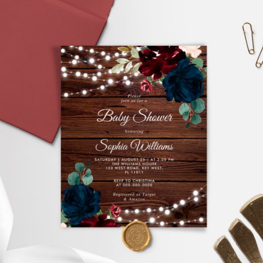 Budget Marsala & Navy Wood Baby shower Uitnodiging
