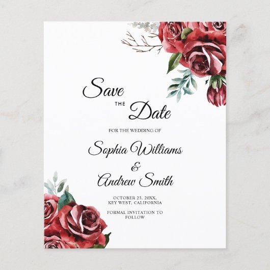 BUDGET Marsala Red Rose Rustiek Save The Date (Voorkant)