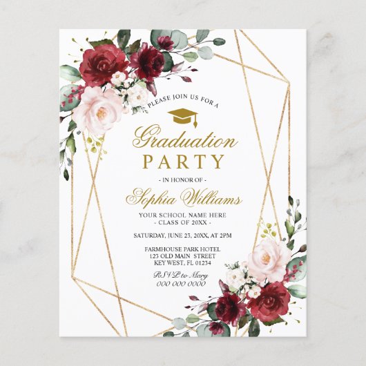Budget Marsala Roos Afstudeerfeest Uitnodiging (Voorkant)