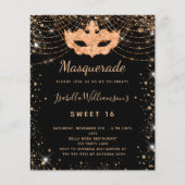 Budget masquerade black gold Sweet 16 uitnodiging (Voorkant)