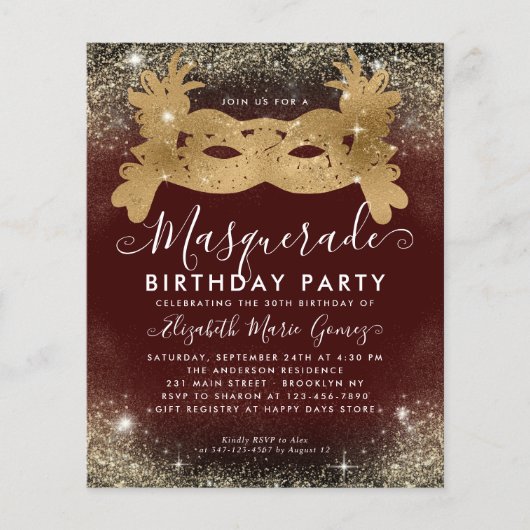 Budget Masquerade Bourgogne Gouden Glitter Verjaar (Voorkant)
