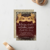 Budget Masquerade Bourgogne Gouden Glitter Verjaar Notitiekaartje (Voorkant / Achterkant in situ)