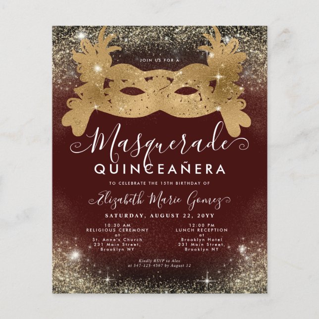 Budget Masquerade Bourgogne Rode Gouden Glitter Qu (Voorkant)