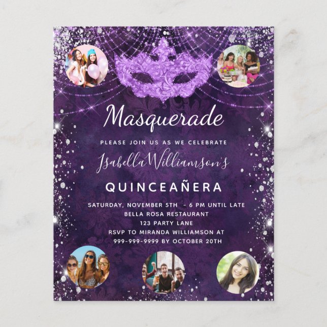 Budget Masquerade paars Quinceanera-uitnodiging (Voorkant)