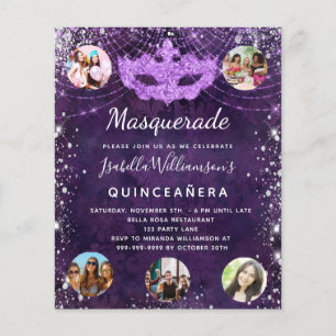 Budget Masquerade paars Quinceanera-uitnodiging