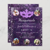 Budget Masquerade paars Sweet 16 uitnodiging (Voorkant / Achterkant)