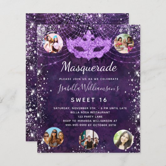 Budget Masquerade paars Sweet 16 uitnodiging (Voorkant / Achterkant)