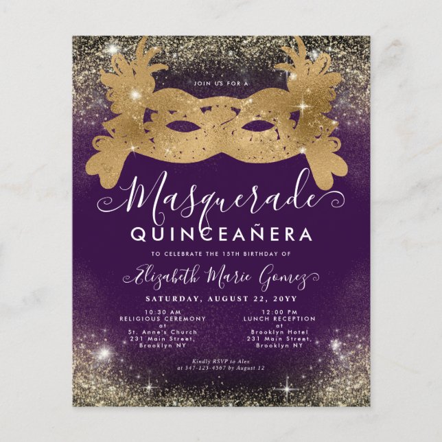 Budget Masquerade Paarse Gouden Glitter Quinceaner (Voorkant)