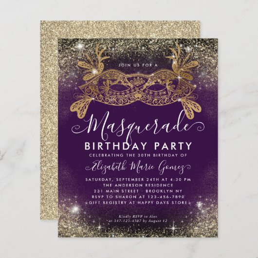 Budget Masquerade Paarse Gouden Glitter Verjaardag (Voorkant / Achterkant)