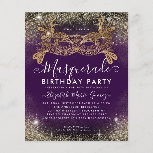 Budget Masquerade Paarse Gouden Glitter Verjaardag (Voorkant)