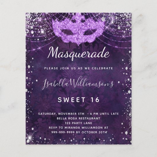 Budget masquerade paarse zilverglitter Sweet 16 (Voorkant)