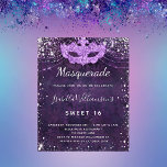 Budget masquerade paarse zilverglitter Sweet 16<br><div class="desc">Voor een elegante Masquerade,  16,  16 jaar oud. Een paarse achtergrondkleur,  de paarse kleur is ongelijk. Gedemoreerd met faux zilveren glitterstof en een maskerade masker. Geef een persoonlijke naam,  leeftijd en partijgegevens op en voeg deze toe. De naam wordt geschreven met een handgeschreven stijlmanuscript</div>