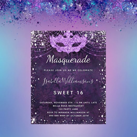 Budget masquerade paarse zilverglitter Sweet 16