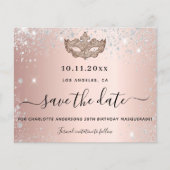 Budget masquerade party roos gold save the date (Voorkant)