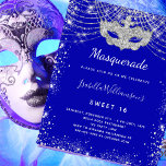 Budget Masquerade royal blue Silver Sweet 16<br><div class="desc">Voor een elegante Masquerade,  16,  16 jaar oud. Een koninklijke blauwe achtergrond. Gedemoreerd met faux zilveren glitterstof en een maskerade masker. Geef een persoonlijke naam,  leeftijd en partijgegevens op en voeg deze toe. De naam wordt geschreven met een handgeschreven stijlmanuscript</div>