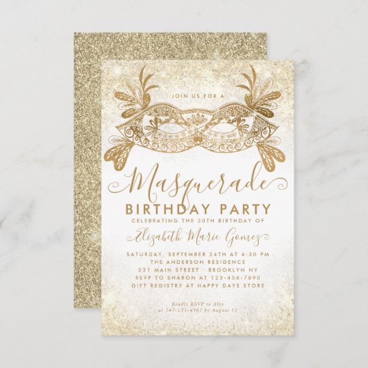 Budget Masquerade Wit Goud Glitter Dust Verjaardag Notitiekaartje (Voorkant / Achterkant)