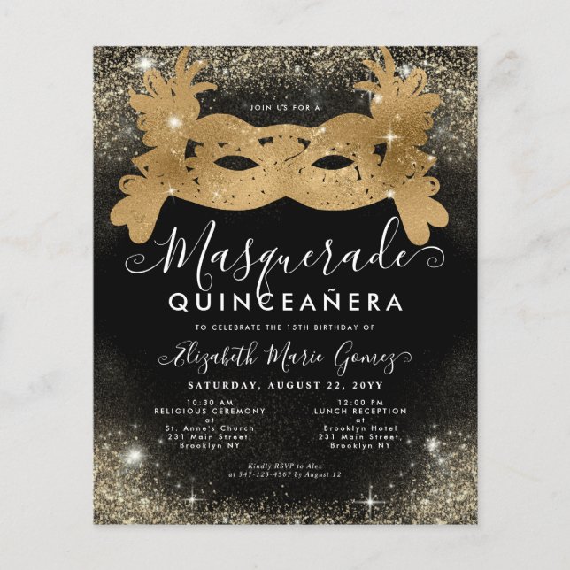Budget Masquerade Zwart Goud Glitter Quinceanera (Voorkant)